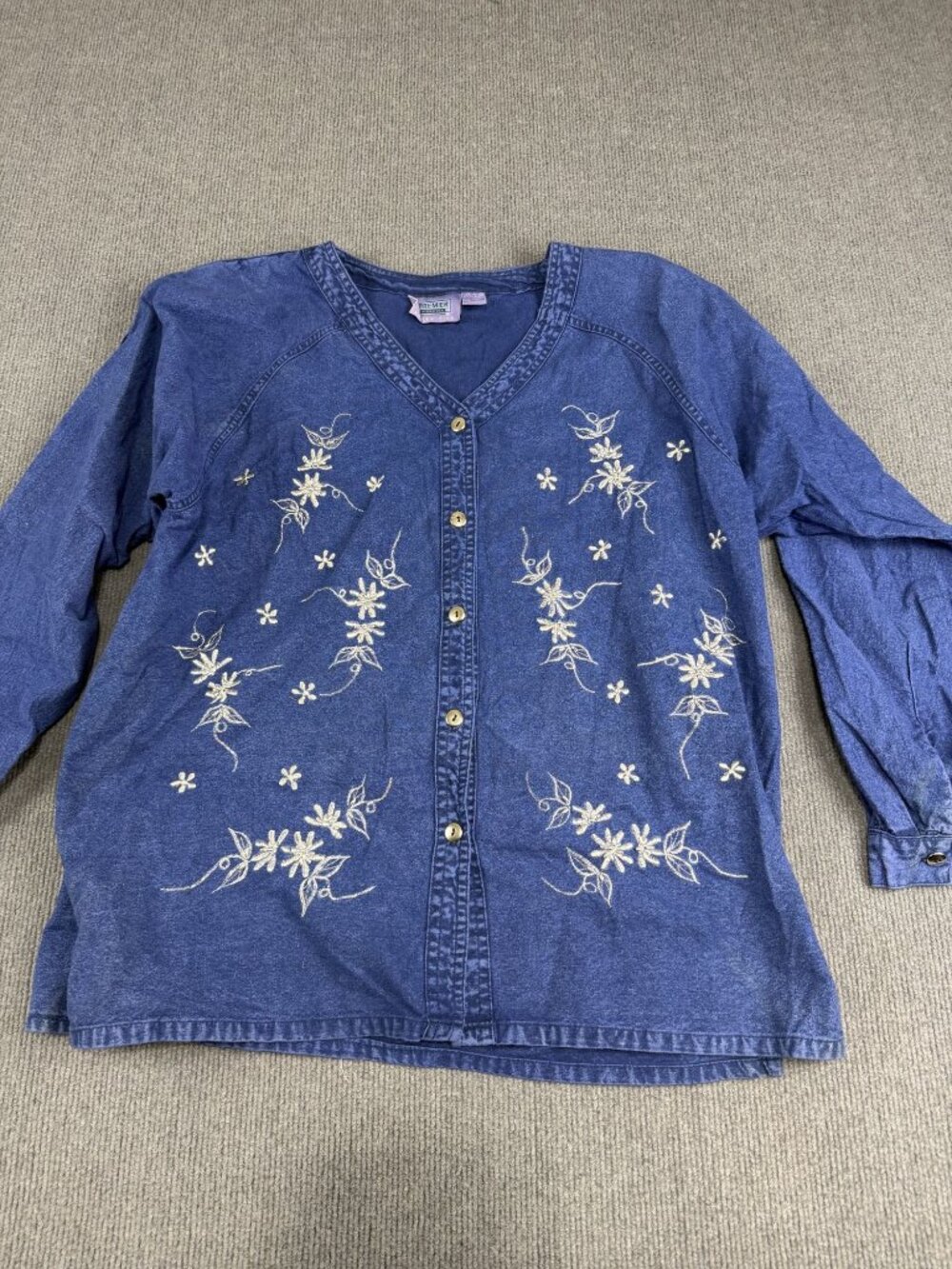Premier International Womens Blue Denim Floral Embroidered Button-Up Shirt 3X